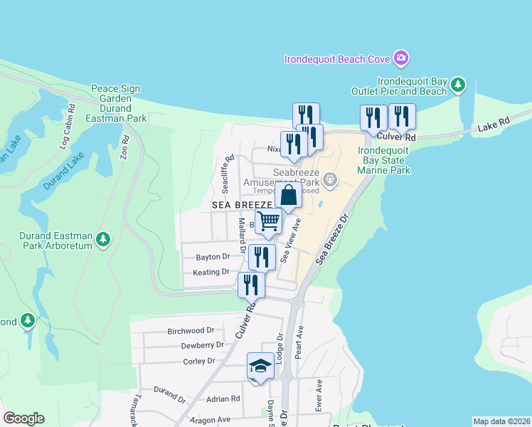 map of restaurants, bars, coffee shops, grocery stores, and more near 228 Pinehill Drive in Irondequoit