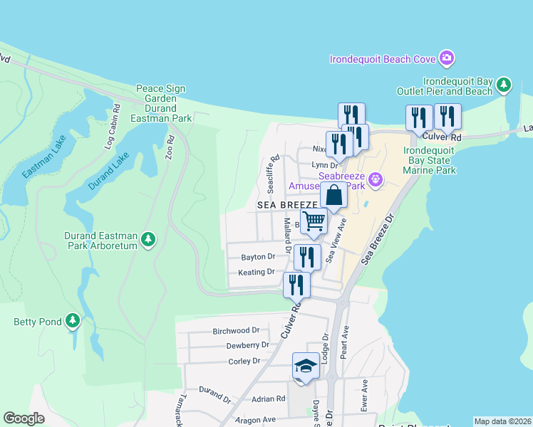 map of restaurants, bars, coffee shops, grocery stores, and more near 124 Pinehill Drive in Rochester