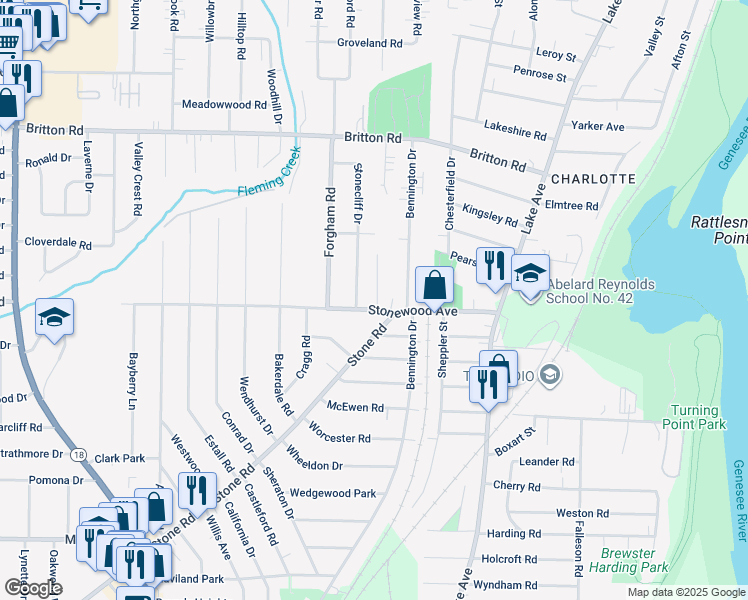 map of restaurants, bars, coffee shops, grocery stores, and more near 1 Stonewood Park in Monroe County