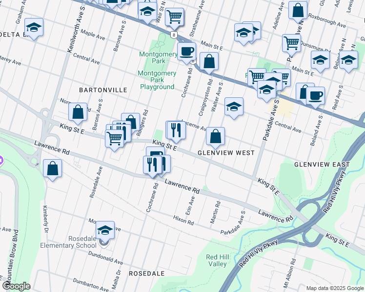 map of restaurants, bars, coffee shops, grocery stores, and more near 256 Rosewood Road in Hamilton
