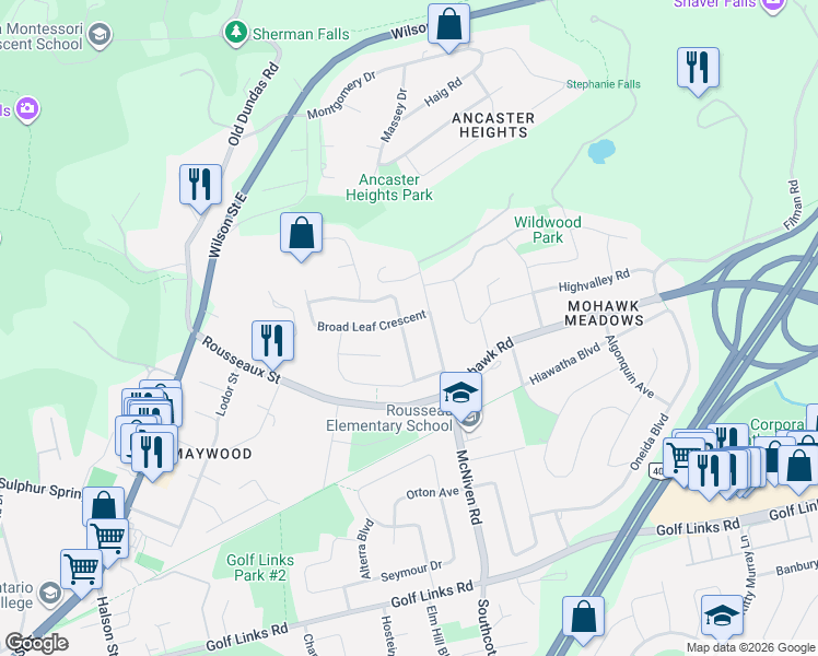 map of restaurants, bars, coffee shops, grocery stores, and more near 220 Lime Kiln Road in Hamilton