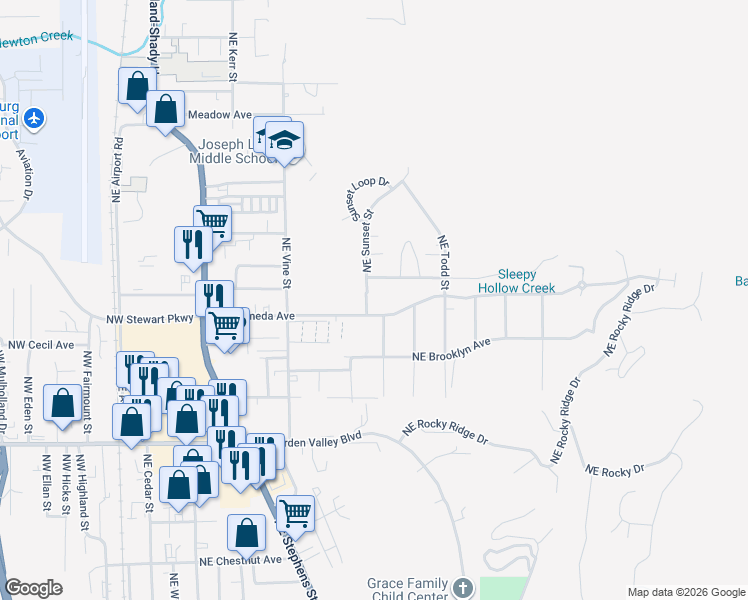 map of restaurants, bars, coffee shops, grocery stores, and more near 1749 Northeast Sunset Lane in Roseburg