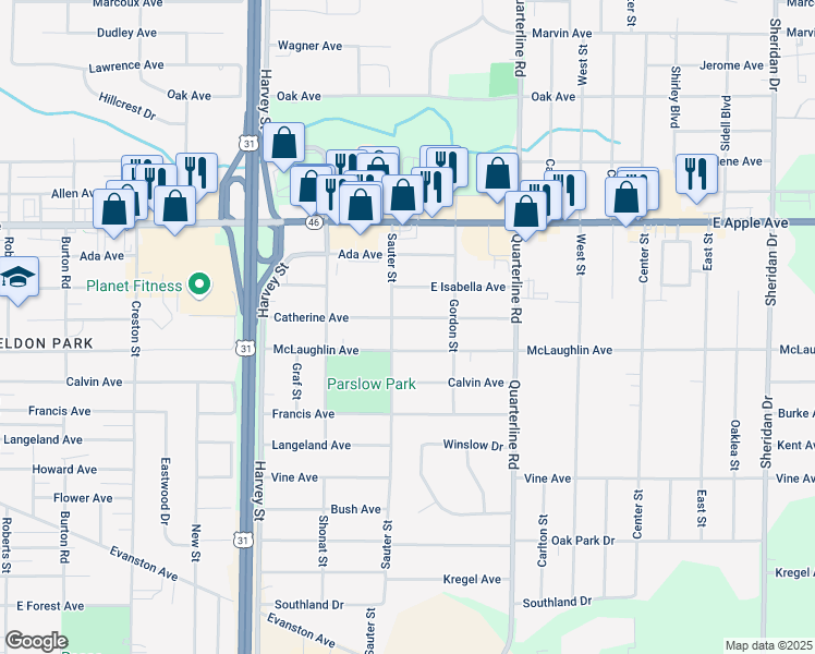 map of restaurants, bars, coffee shops, grocery stores, and more near 1170 Sauter Street in Muskegon
