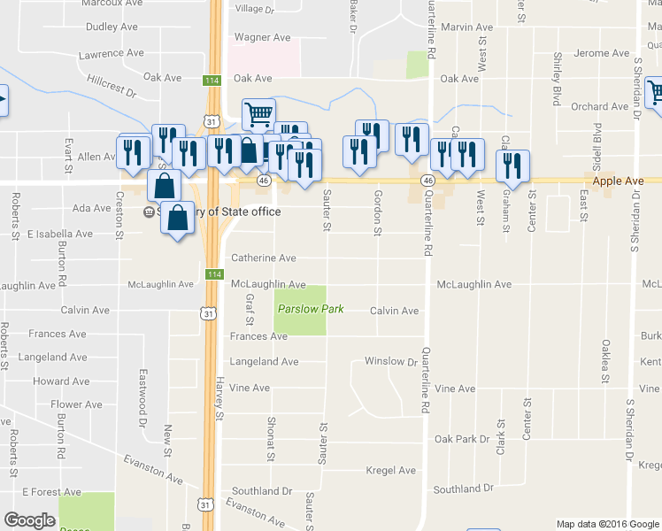 map of restaurants, bars, coffee shops, grocery stores, and more near 1170 Sauter Street in Muskegon