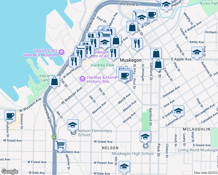 map of restaurants, bars, coffee shops, grocery stores, and more near 318 Houston Avenue in Muskegon