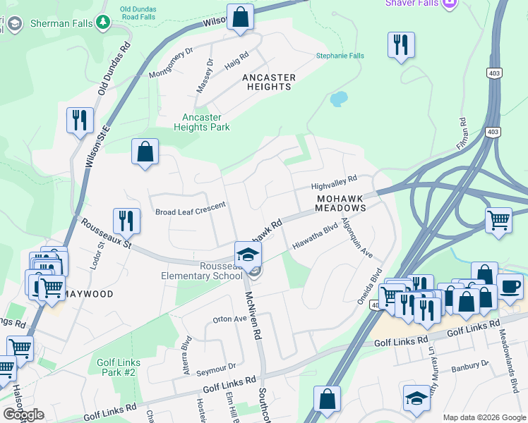 map of restaurants, bars, coffee shops, grocery stores, and more near 600 Highvalley Road in Hamilton