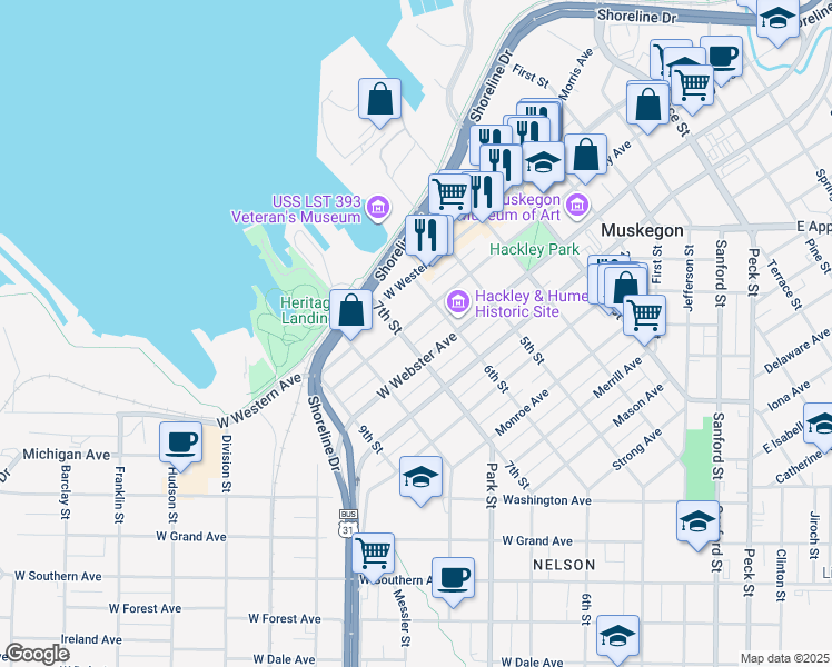 map of restaurants, bars, coffee shops, grocery stores, and more near 579 West Clay Avenue in Muskegon