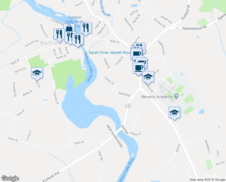 map of restaurants, bars, coffee shops, grocery stores, and more near 12 Sewall Road in South Berwick