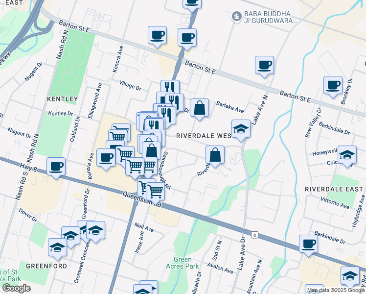 map of restaurants, bars, coffee shops, grocery stores, and more near 78 Delawana Drive in Hamilton