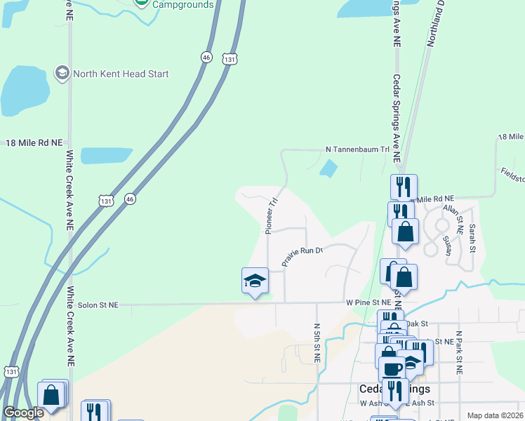 map of restaurants, bars, coffee shops, grocery stores, and more near 310 Wagon Wheel Court in Cedar Springs