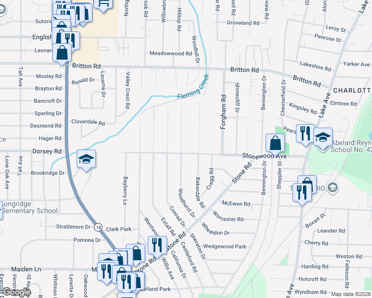 map of restaurants, bars, coffee shops, grocery stores, and more near 249 Wendhurst Drive in Rochester