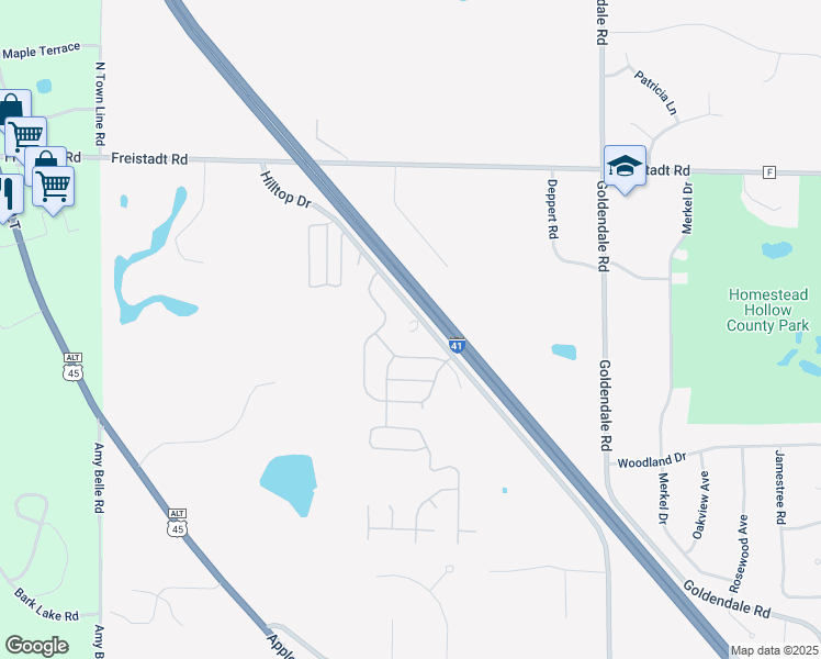 map of restaurants, bars, coffee shops, grocery stores, and more near W210N11785 Hilltop Drive in Germantown