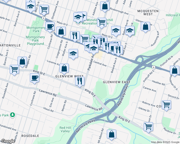 map of restaurants, bars, coffee shops, grocery stores, and more near 187 Parkdale Avenue South in Hamilton