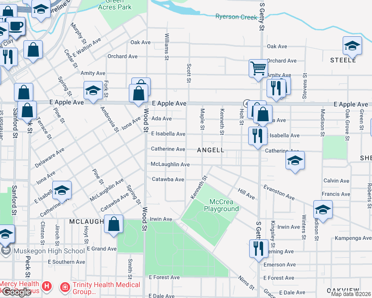 map of restaurants, bars, coffee shops, grocery stores, and more near 1148 Chestnut Street in Muskegon