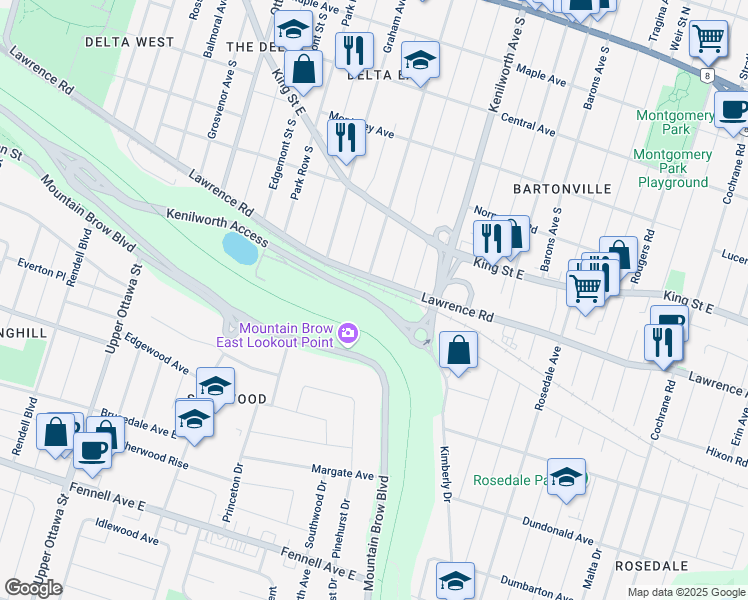 map of restaurants, bars, coffee shops, grocery stores, and more near 111 Kenilworth Access in Hamilton