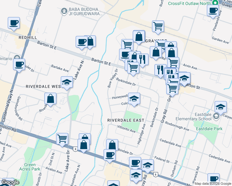 map of restaurants, bars, coffee shops, grocery stores, and more near 42 Rivercrest Road in Hamilton