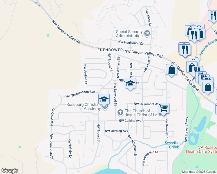 map of restaurants, bars, coffee shops, grocery stores, and more near 1936 Northwest Delridge Avenue in Roseburg