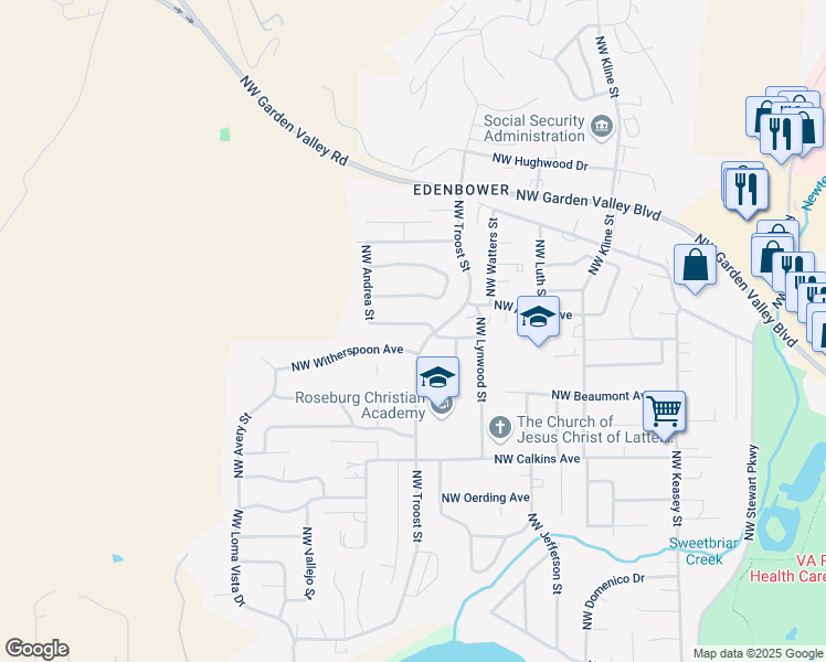 map of restaurants, bars, coffee shops, grocery stores, and more near 2035 Northwest Delridge Avenue in Roseburg