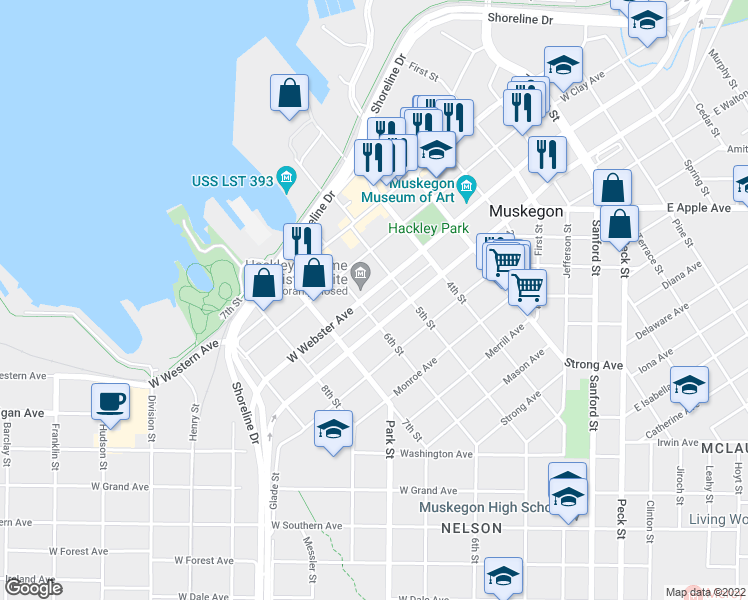 map of restaurants, bars, coffee shops, grocery stores, and more near 475 West Webster Avenue in Muskegon