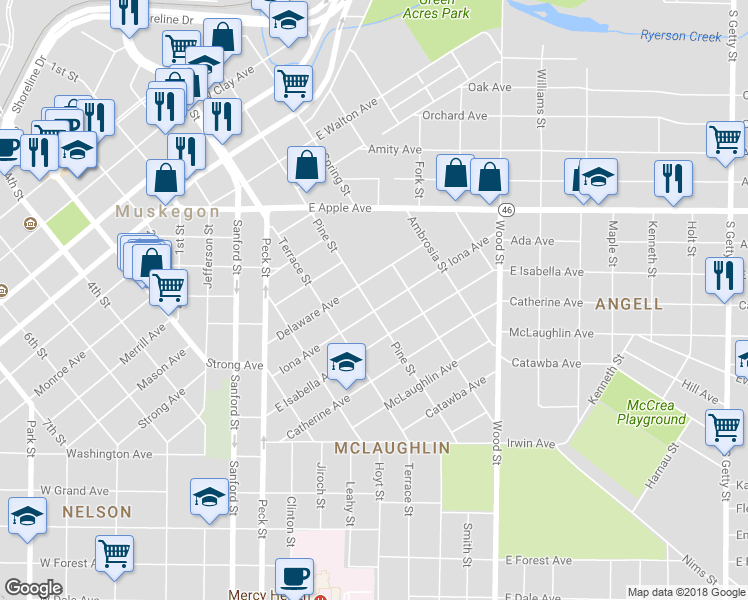 map of restaurants, bars, coffee shops, grocery stores, and more near 1162 Pine Street in Muskegon