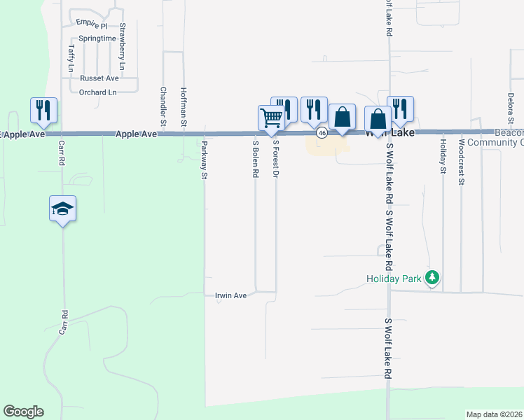 map of restaurants, bars, coffee shops, grocery stores, and more near 1172 South Bolen Road in Muskegon