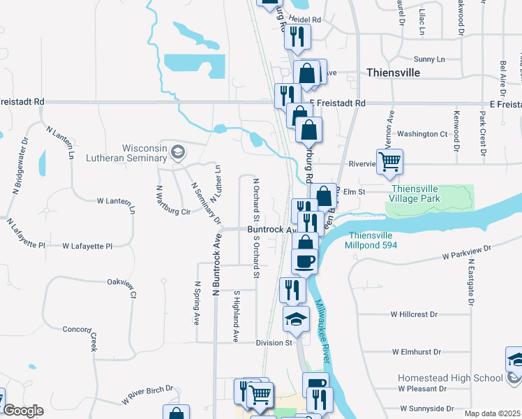 map of restaurants, bars, coffee shops, grocery stores, and more near 2 North Orchard Street in Thiensville
