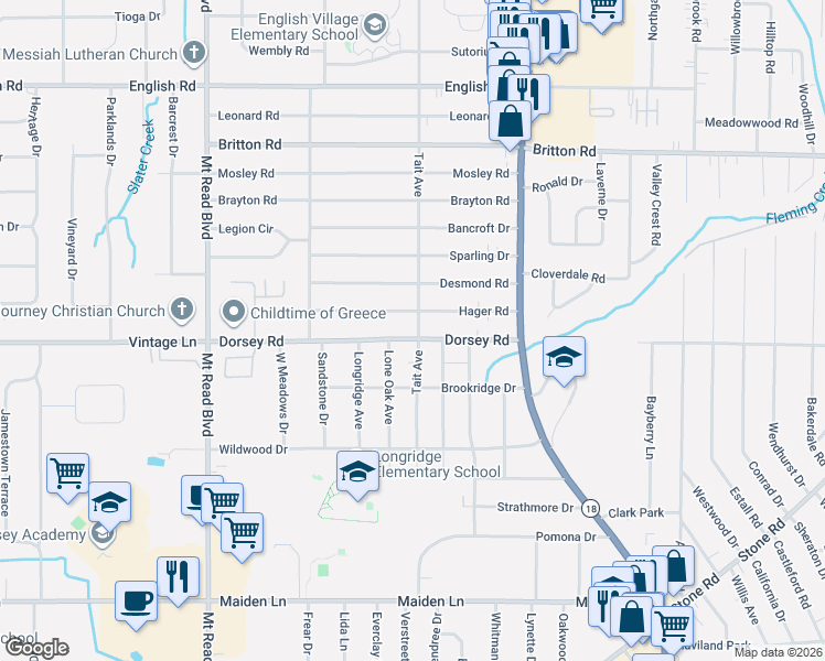 map of restaurants, bars, coffee shops, grocery stores, and more near 126 Dorsey Road in Rochester