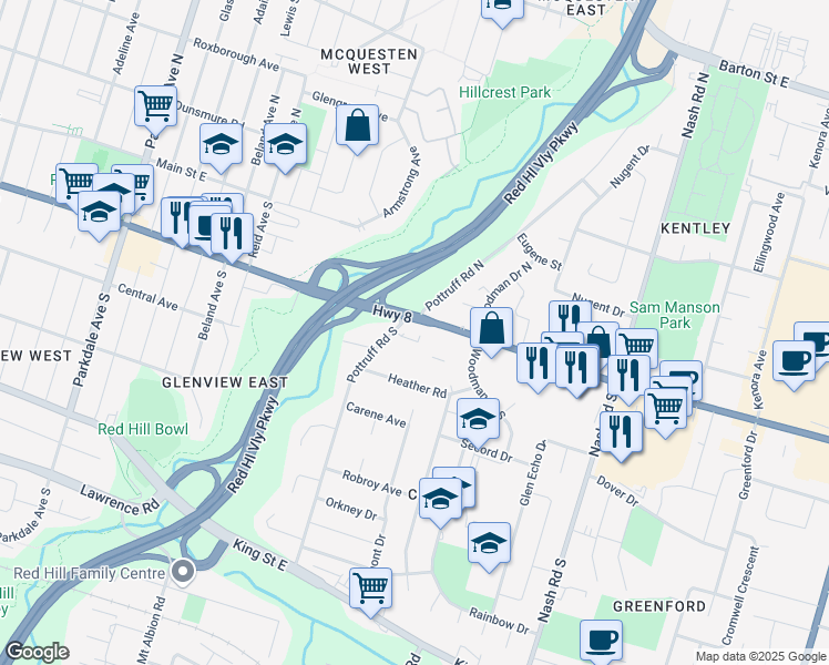 map of restaurants, bars, coffee shops, grocery stores, and more near in Hamilton