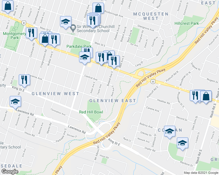 map of restaurants, bars, coffee shops, grocery stores, and more near in Hamilton