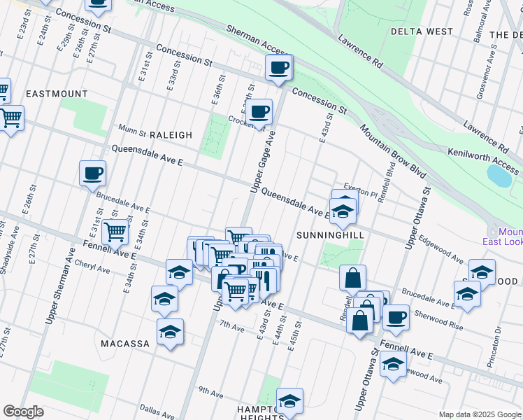 map of restaurants, bars, coffee shops, grocery stores, and more near 63 East 41st Street in Hamilton