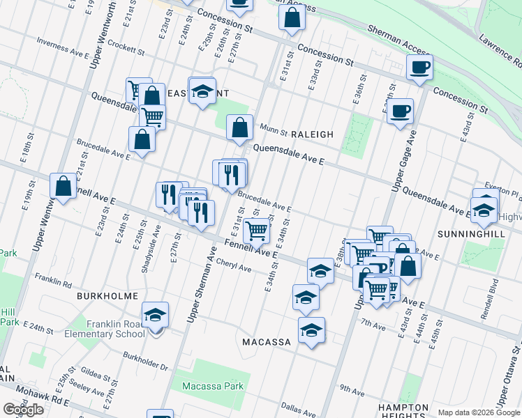 map of restaurants, bars, coffee shops, grocery stores, and more near in Hamilton