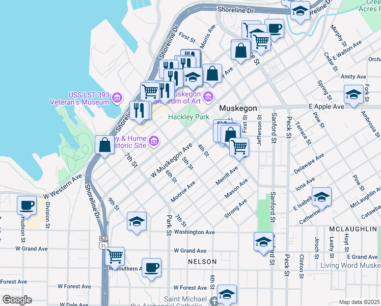 map of restaurants, bars, coffee shops, grocery stores, and more near 382 West Muskegon Avenue in Muskegon