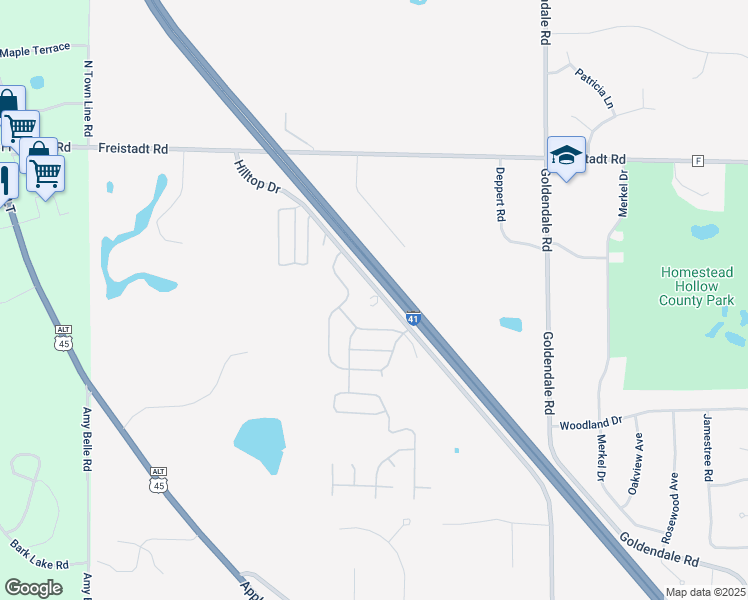 map of restaurants, bars, coffee shops, grocery stores, and more near W210N11785 Hilltop Drive in Germantown