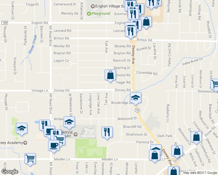 map of restaurants, bars, coffee shops, grocery stores, and more near 126 Dorsey Road in Rochester