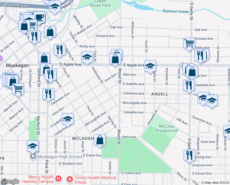 map of restaurants, bars, coffee shops, grocery stores, and more near 384 Catherine Avenue in Muskegon