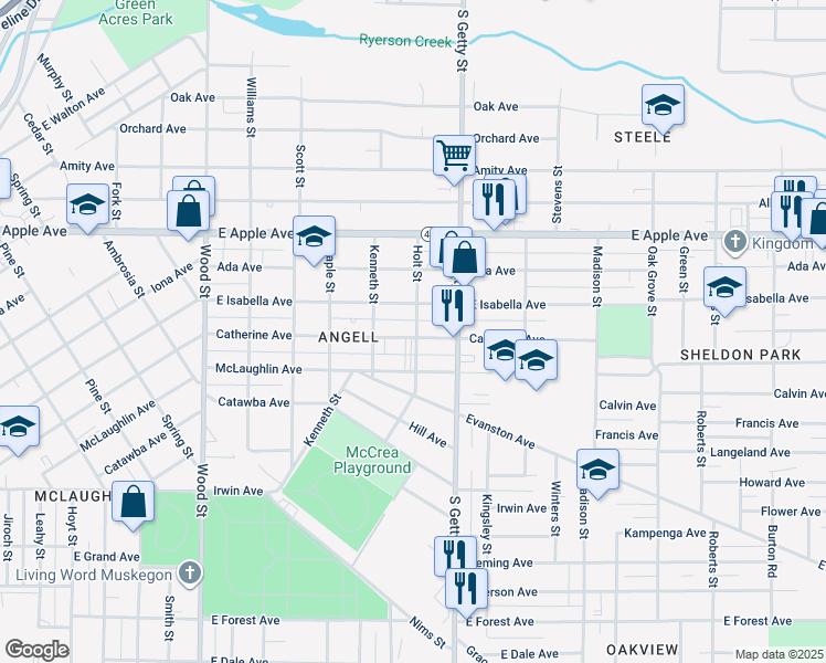 map of restaurants, bars, coffee shops, grocery stores, and more near 726 Catherine Avenue in Muskegon