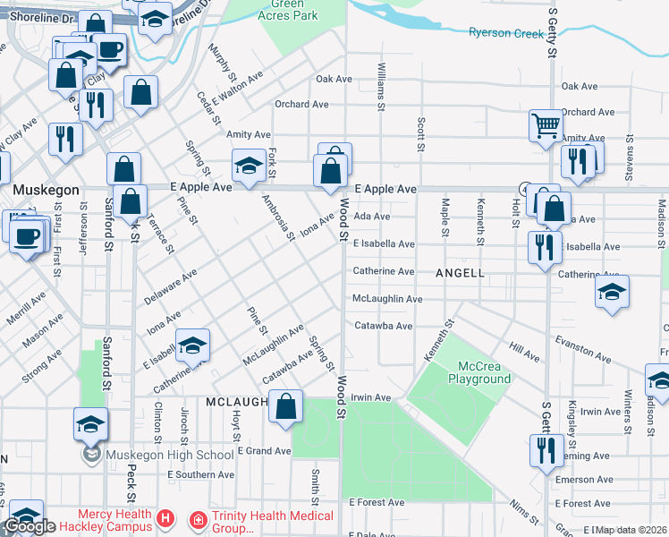 map of restaurants, bars, coffee shops, grocery stores, and more near 384 Catherine Avenue in Muskegon