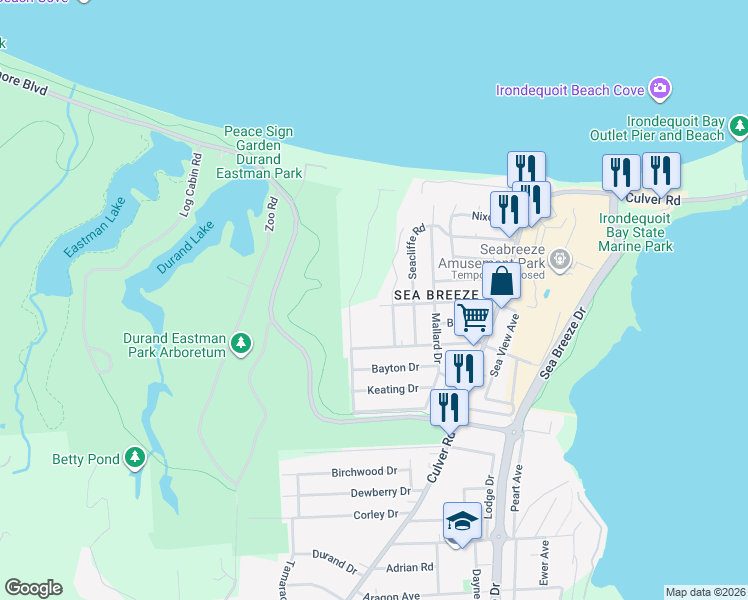 map of restaurants, bars, coffee shops, grocery stores, and more near 64 Pinehill Drive in Rochester