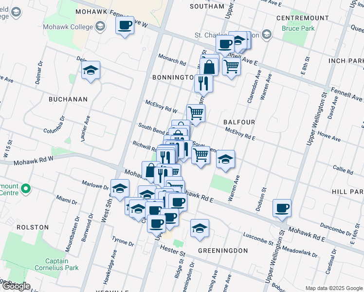 map of restaurants, bars, coffee shops, grocery stores, and more near 720 Upper James Street in Hamilton