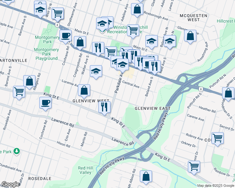 map of restaurants, bars, coffee shops, grocery stores, and more near 187 Parkdale Avenue South in Hamilton