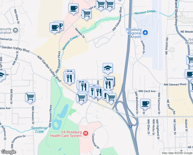 map of restaurants, bars, coffee shops, grocery stores, and more near 1812 Northwest Dogwood Drive in Roseburg