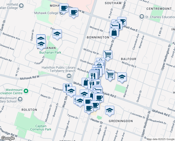 map of restaurants, bars, coffee shops, grocery stores, and more near 48 Richwill Road in Hamilton