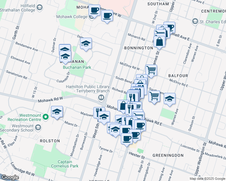 map of restaurants, bars, coffee shops, grocery stores, and more near 75 Richwill Road in Hamilton