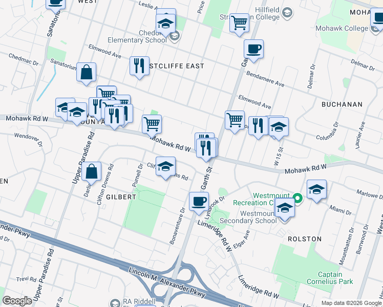 map of restaurants, bars, coffee shops, grocery stores, and more near 469 Mohawk Road West in Hamilton