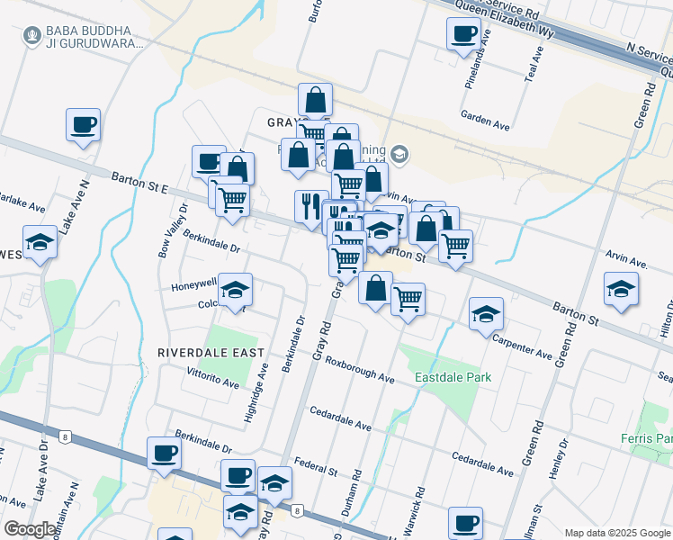 map of restaurants, bars, coffee shops, grocery stores, and more near 291 Grays Road in Hamilton