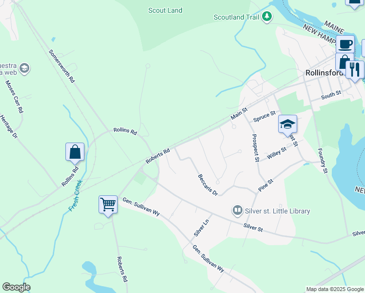 map of restaurants, bars, coffee shops, grocery stores, and more near 431 Main Street in Rollinsford