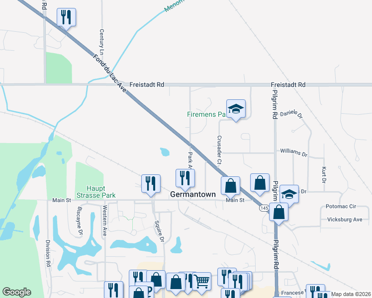 map of restaurants, bars, coffee shops, grocery stores, and more near W162N11761 Park Avenue in Germantown
