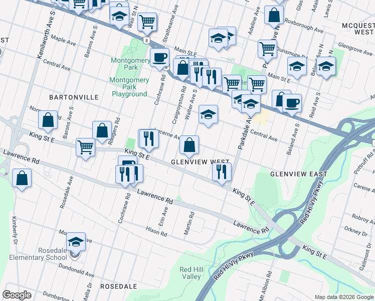 map of restaurants, bars, coffee shops, grocery stores, and more near 220 Glenholme Avenue in Hamilton