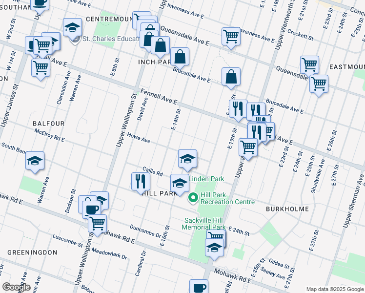 map of restaurants, bars, coffee shops, grocery stores, and more near 385 East 15th Street in Hamilton
