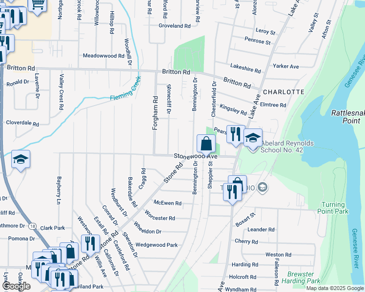 map of restaurants, bars, coffee shops, grocery stores, and more near 1 Stonewood Park in Monroe County